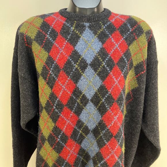Lands' End Scottish Wool Argyle Crewneck Sweater Vintage Pullover Gray - Picture 2 of 5